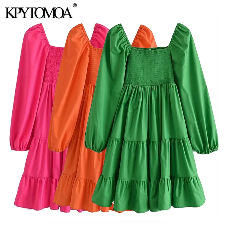 

KPYTOMOA Women 2021 Fashion Smocked Elastic Ruffled Mini Dress Vintage Square Collar Puff Sleeve Female Dresses Vestidos Mujer