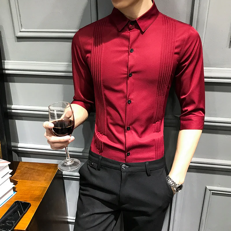 

Pleating Men Shirt Slim Fit Wedding Party Summer Solid Shirt Men Camicia Uomo Vintage Shirt Button Down Black Red White 6xl