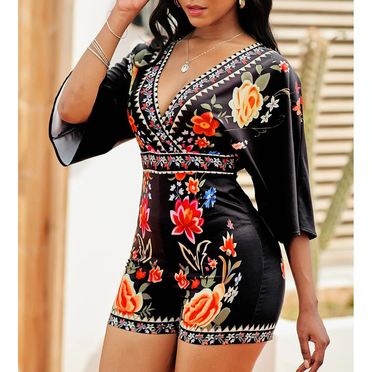 

Women Summer Holiday Style Sexy V-neck Short Sleeve Printing Loose Straight Jumpsuits