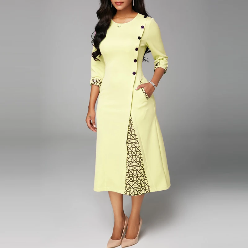 Женское платье миди в клетку с круглым вырезом и карманами|Женские платья| |