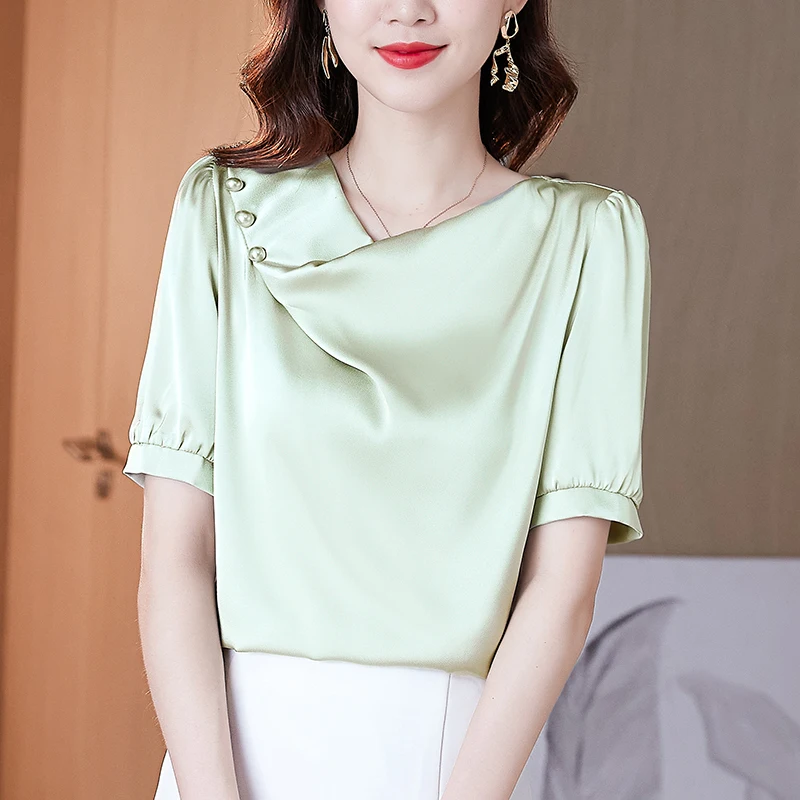 

Women's Blouses Chiffon Casual Silk Shirt Korean Loose Plus Size Fashion Short Sleeve Top Summer V-neck Lady Shirts Houthion
