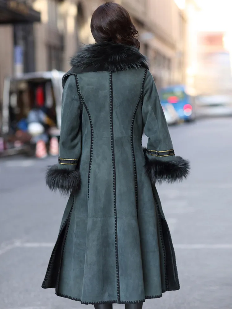 Trendy Unique Sheepskin Shearling Women Long Fox Fur Leather Coat  Jacket Clothes Winter
