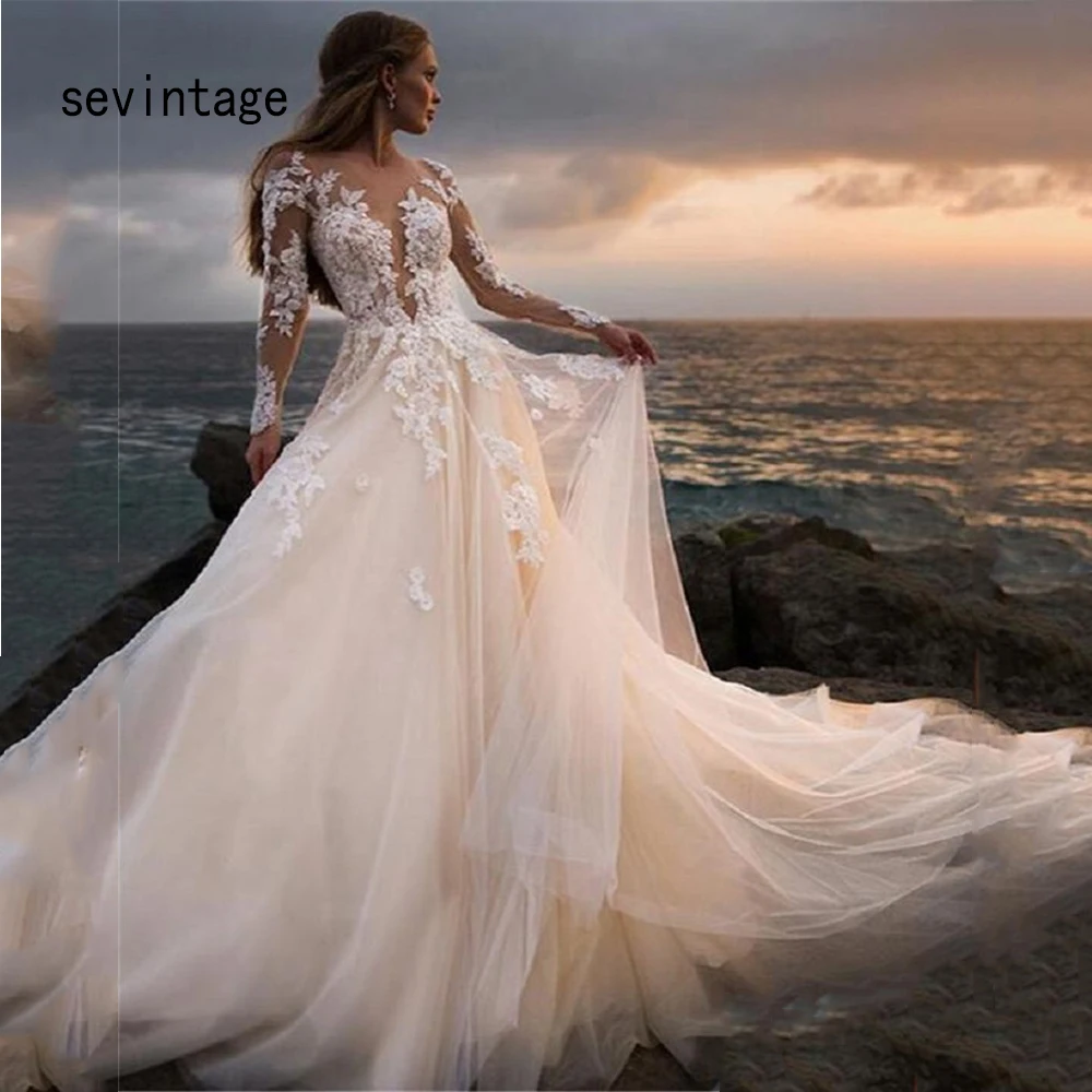 Sevintage с длинным рукавом пляжные свадебные платья Бохо кружева свадебное платье