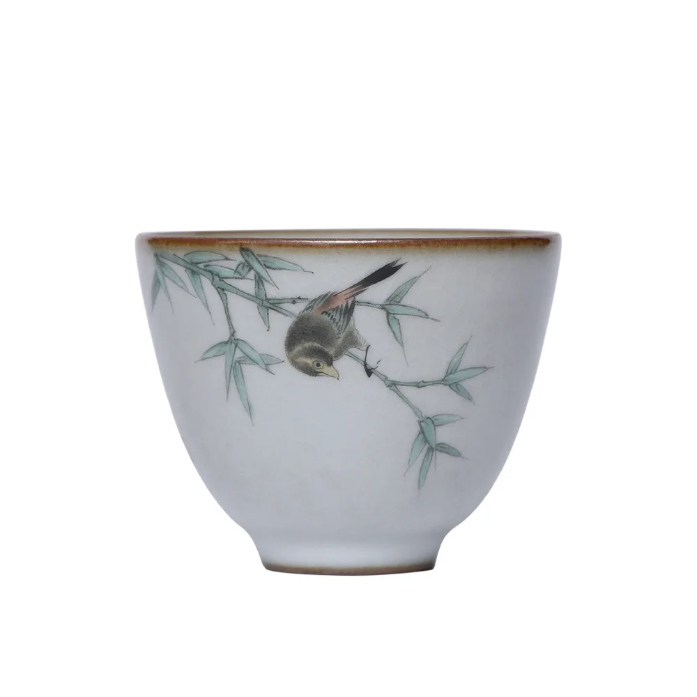 

80ml Flowers birds Chinese Retro Handmade Random Texture Color Glaze High Temperature Firing Ceramic Teacup Porcelain teacup