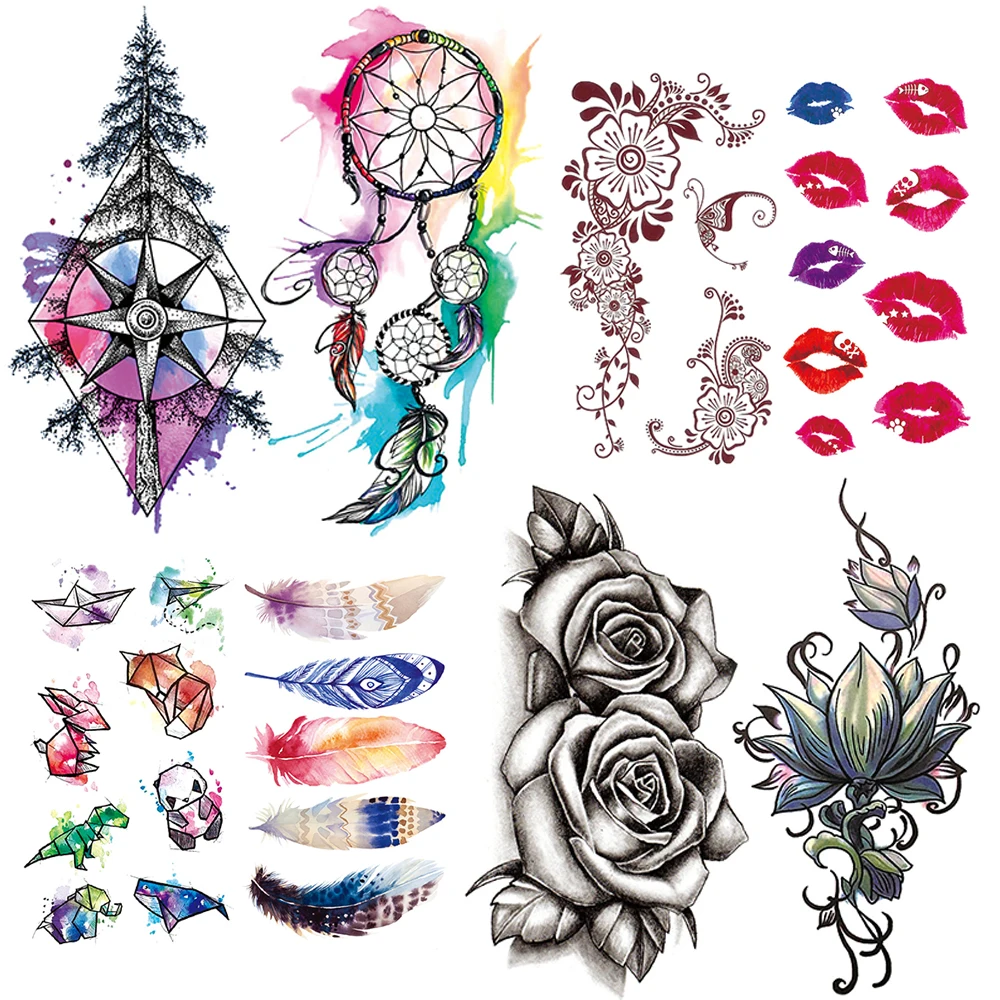 

Watercolor Pine Dreamcatcher Temporary Tattoo For Kids Women Lips Feather Tattoos Hands Arm Animal Lotus Flower Waterproof Tatoo