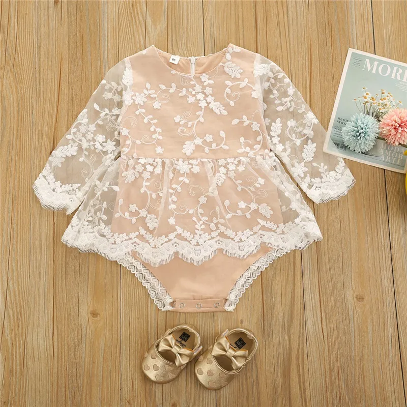 

New Baby Girl’s Sweet Outfits Autumn New Infant Fashion Long-Sleeved Fresh Solid Lace Stitching Dress Triangle Princess Romper
