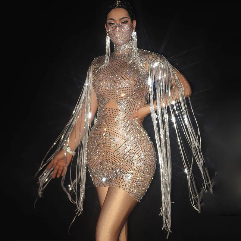 

Silver Rhinestones Fringed Dress Fashion Women Birthday Celebrate Crystal Dresses Singer Dancer Stage Costume Rave Outfit DN6191