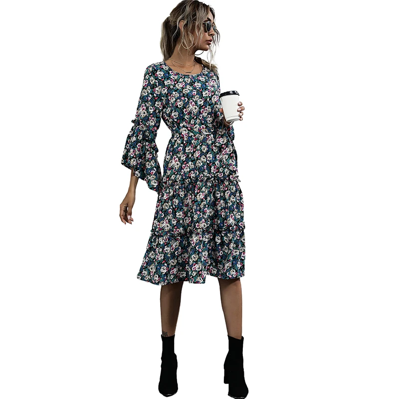 

Summer Autumn Dress 2020 Floral Print Color High Waist A Line Ladies Midi Casual Flare Sleeve Vintage Dress Women