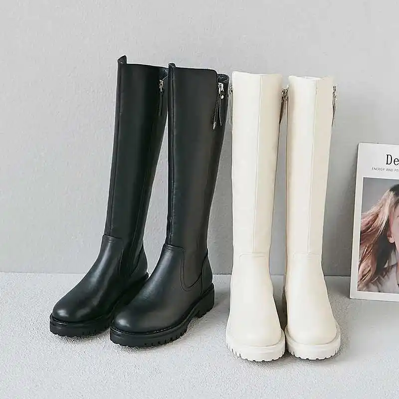 krazing pot winter super keep warm cozy cow leather knight boots round toe med heels solid zipper fashion thigh high boots L5f6