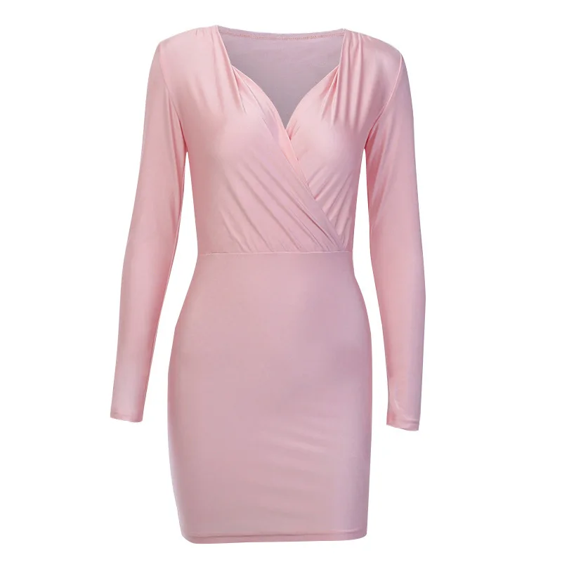 

Dress Women Autumn And Winter Sexy V-Neck Bag Hip Clubwear Long-Sleeved Dress