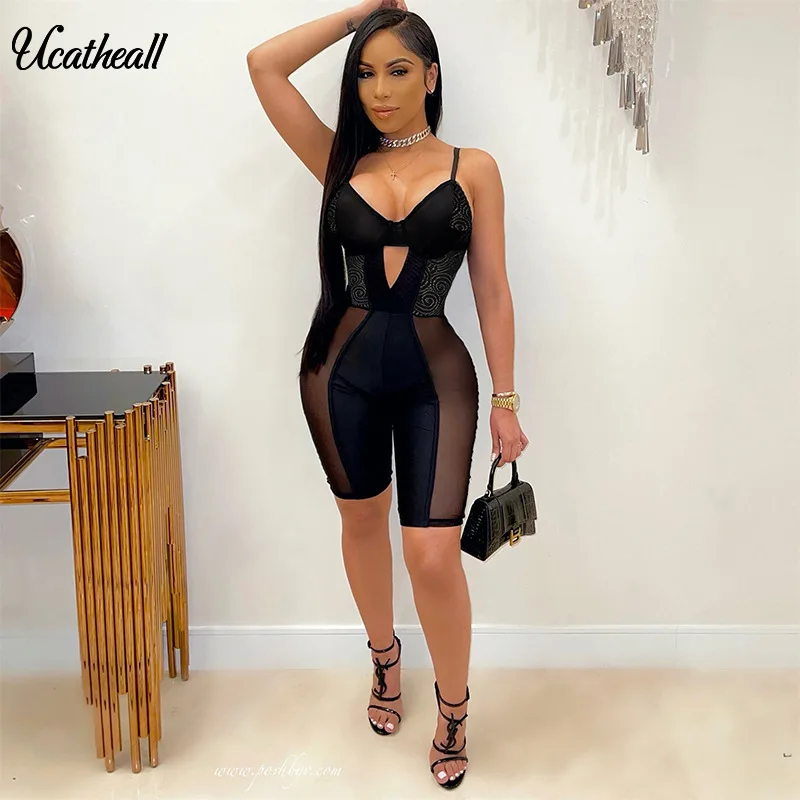 

New Sexy Women Sleeveless Mesh Patchwork Jumpsuit See Through Bodysuit One-piece Cut Off Rompers Club Party Playsuitc