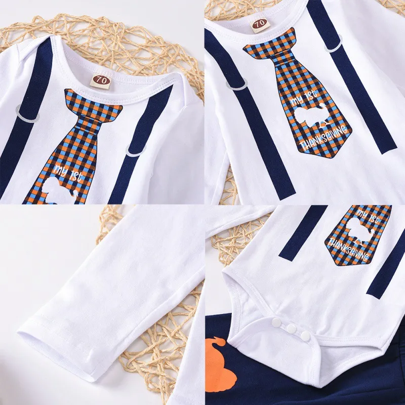 

Baby Boy Thanksgiving Set 2Pcs Autumn Newborn Tie Print Long Sleeve Romper Trousers Outfits