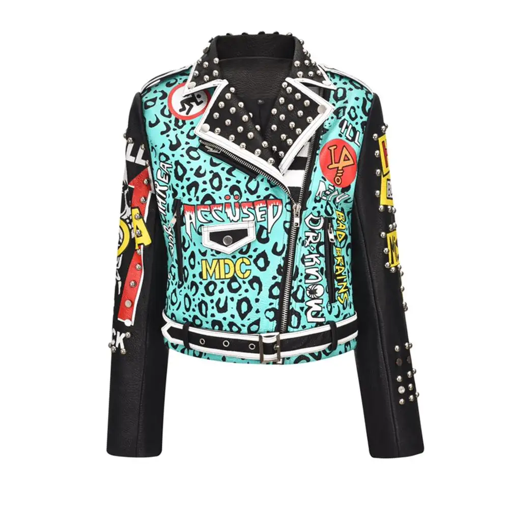 Hot-Selling Women's Personalized Graffiti Print In Autumn And Winter Short PU Leather Jacket With Belt