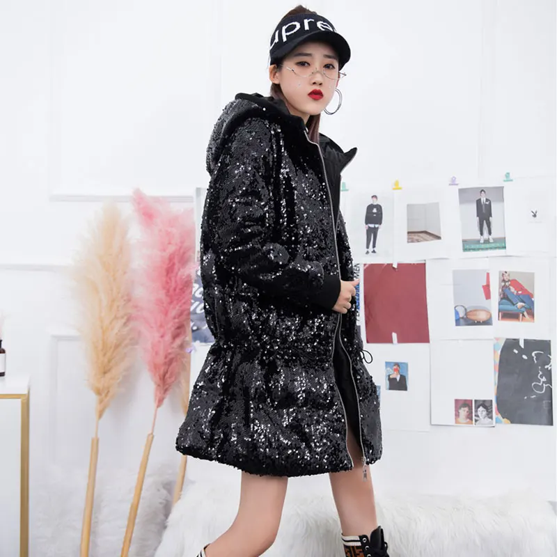 Женская хлопковая куртка с блестками свободная теплая приталенная в европейском