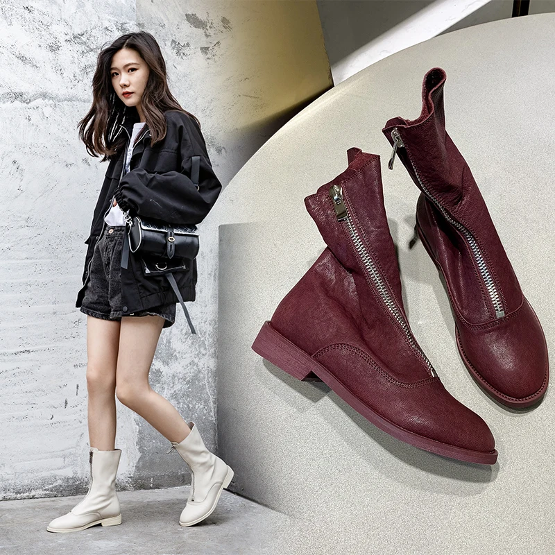 

INS hot Women ankle BootsSolid color sheepskin super soft booties 22-26.5 cm length wild Shoes Woman Increased Western boots