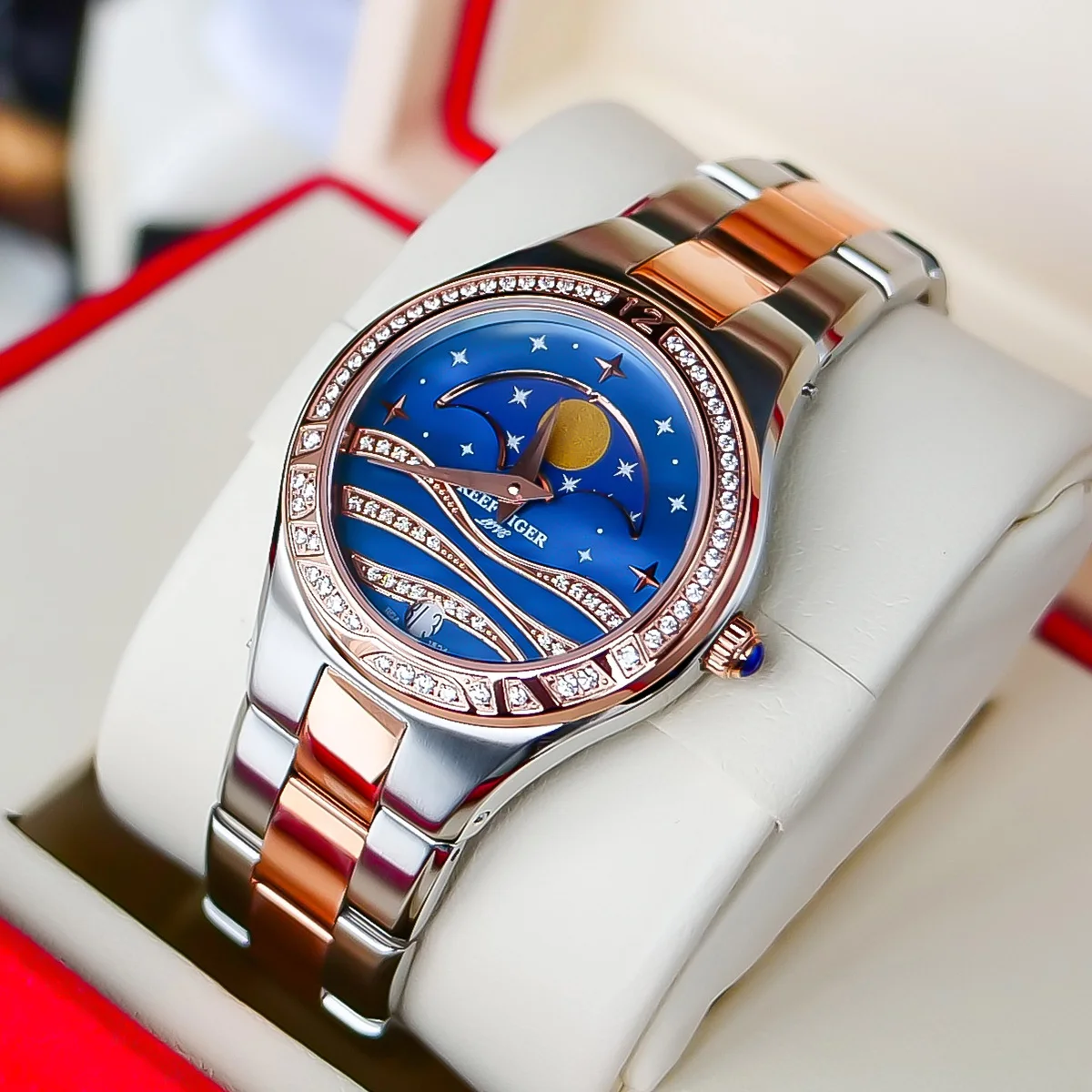 

Reef Tiger/RT Luxury Quartz Wrist Watch for Women Blue Moon Phase Watch Diamonds Steel Rose Gold Tone Watch RGA1524