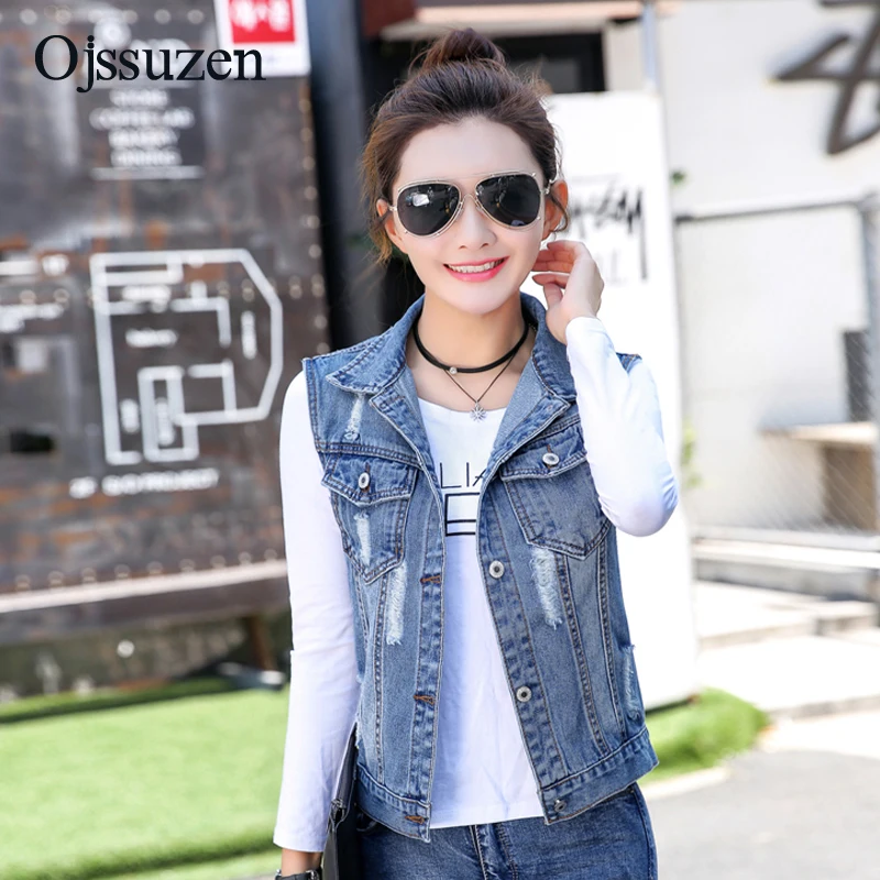 Осенний синий короткий жилет женские потертые куртки без рукавов Женский