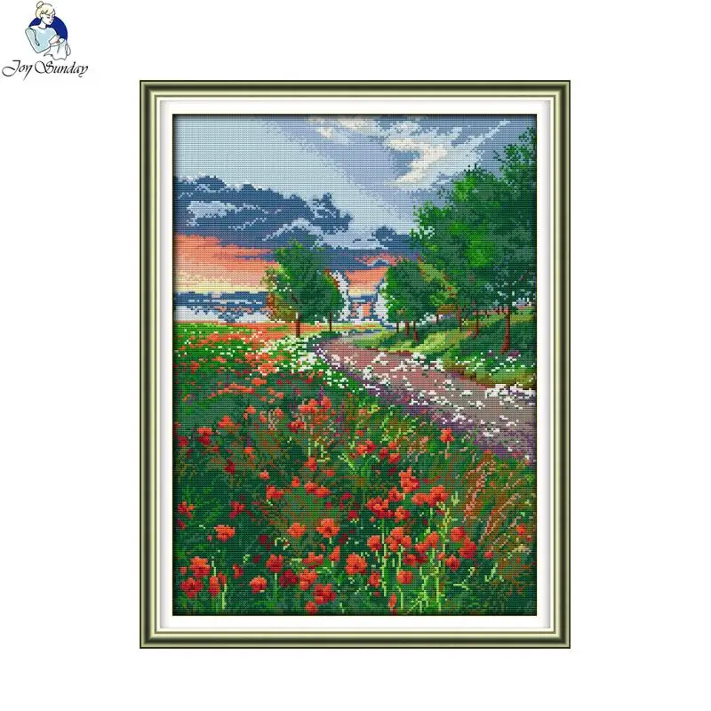 

Joy Sunday Набор для вышивки крестиком, поле цветущих цветов, пейзаж 11CT 14CT, счетный холст, ткань, Набор для вышивки, домашний декор