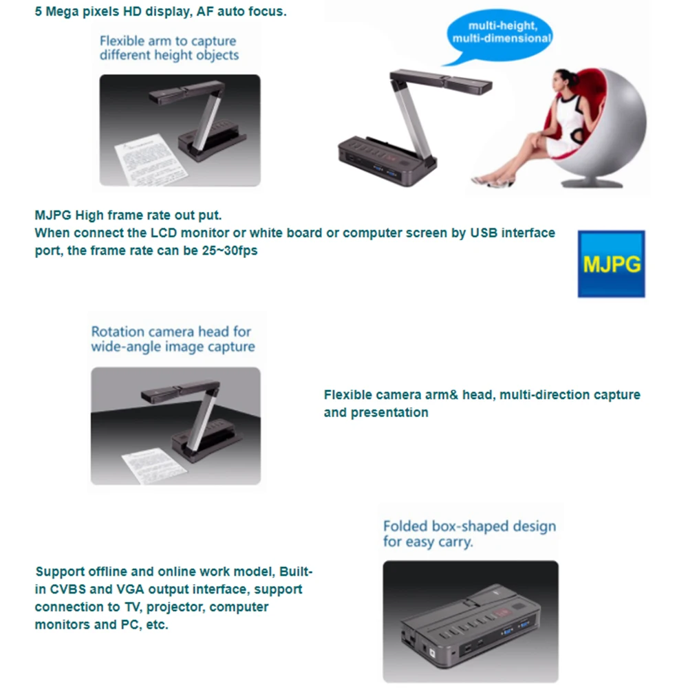 Цифровой визуализатор для документов в классе с HD VGA USB портом VE802AF 5 Мп смарт