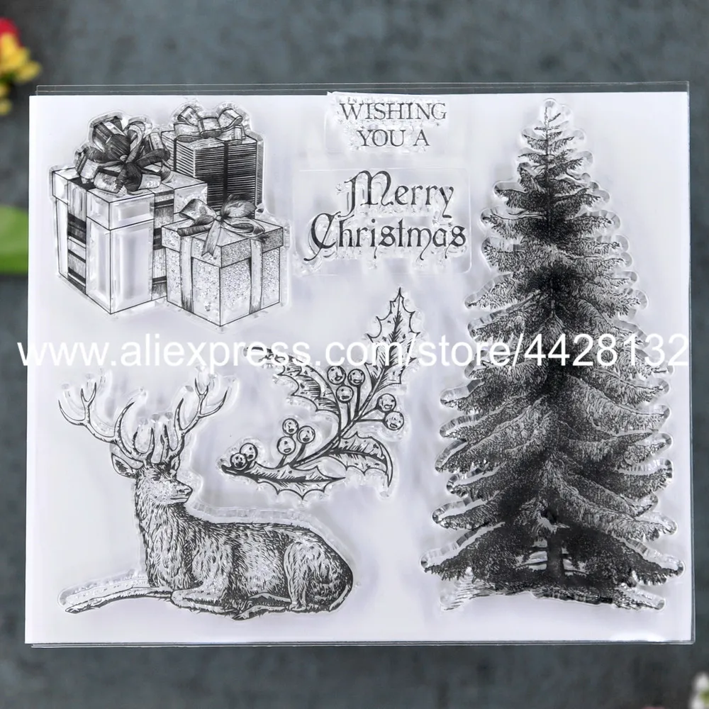 Веселая Рождественская елка олень Giftbox скрапбук фото карты резиновый чистый