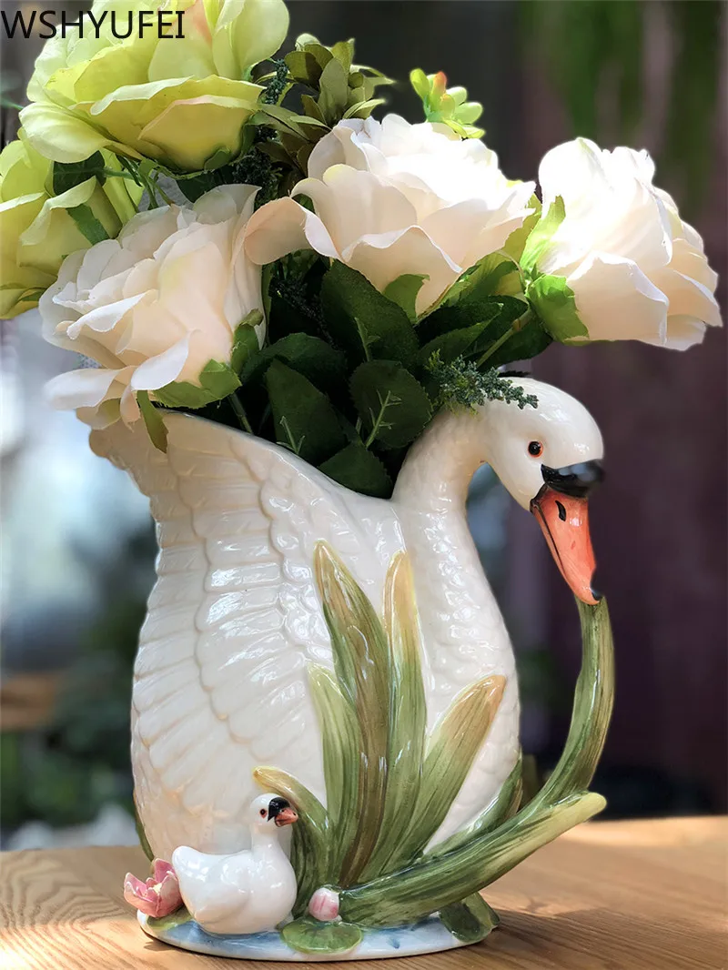 WSHYUFEI-jarrón de cerámica con forma de cisne para decoración del hogar, maceta de flores para regalo de boda, artesanía, figuritas de animales para sala de estar