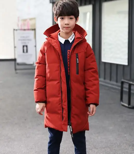 brick red Winter Casual Children Down Cotton Jackets Hooded Printed Kids Snow Long Parka Clothes Thicken Warm Teen Boys Overcoats 5-14T - Цвет: brick red