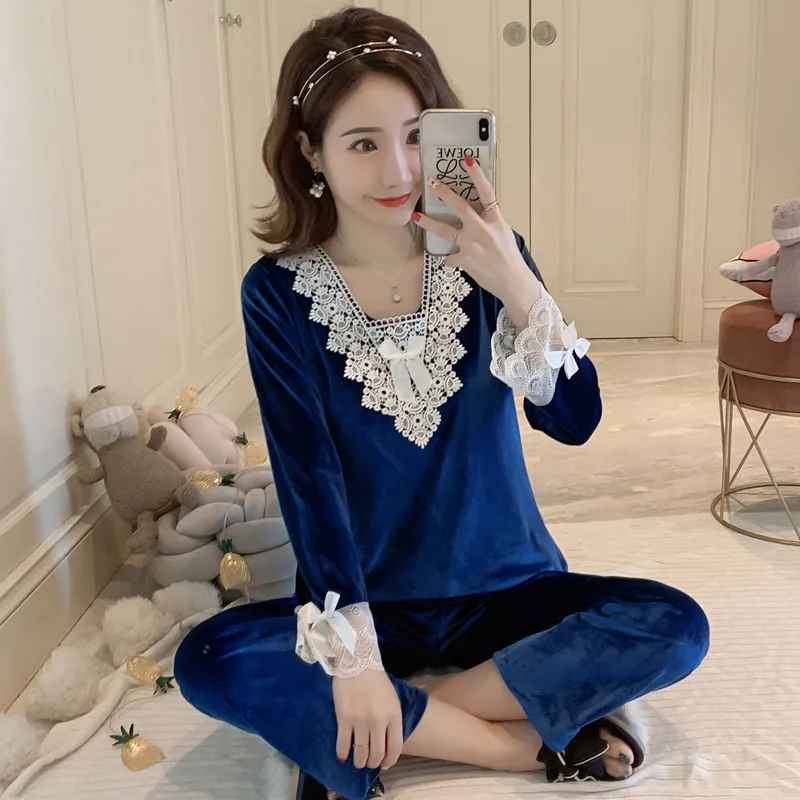 

Пижама женская с V-образным вырезом, пикантная кружевная золотистая бархатная Домашняя одежда, удобная дышащая Роскошное белье, Осень-зима