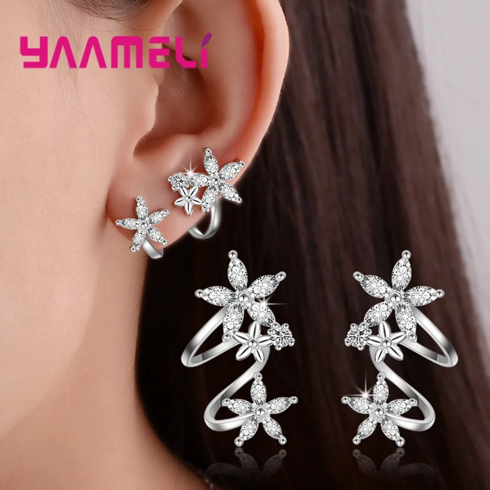 High Grade CZ Zircon Clip Earring Original 925 Sterling Silver Flowers Stars Statement Jewelry Pendientes for Women Female Gift | Украшения