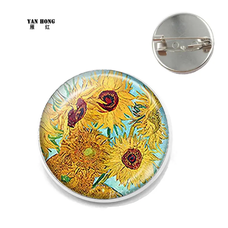 

Vintage Van Gogh art star night sunflower Brooch for men and women glass dome jewelry schoolbag white K Brooch gift