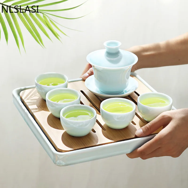 

Китайский керамический чайный набор, изысканный келадон, Gaiwan, ручная работа, ситечко, чайные чашки, поднос, бытовая чайная посуда, посуда для...