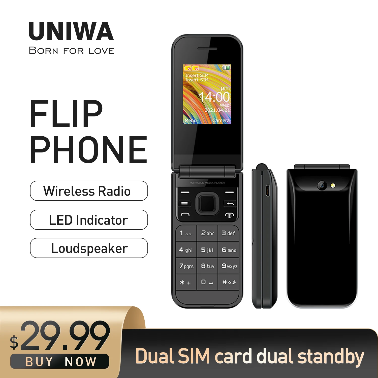 UNIWA F2720 Dual SIM card Push-Button Phone 1.77 inch Wireless Radio Loudspeaker Flip Mobile Phone English Russian Keyboard