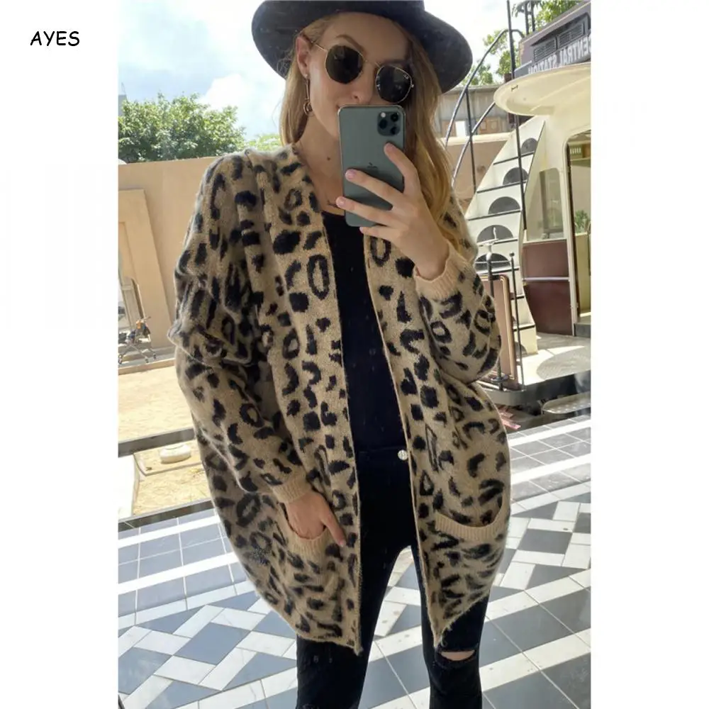 

Новинка, Свитера с открытой строчкой, кардиганы, Леопардовый длинный свитер, кардиган для женщин, Осень-зима, вязаное шерстяное пальто, джем...