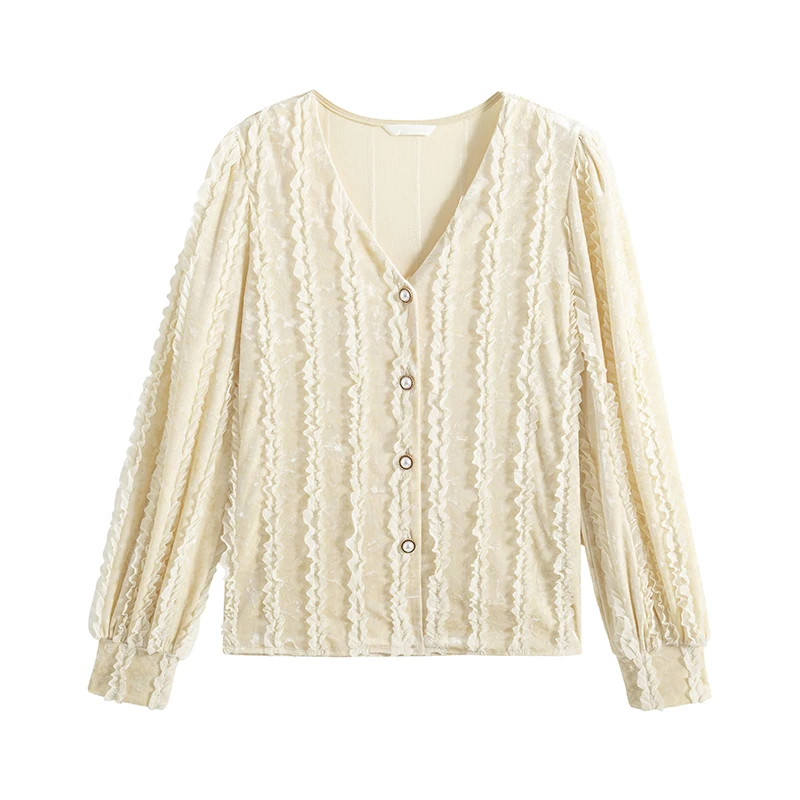 

Korean Style Autumn Solid Office Ladies Shirt Vintage Long Lantern Sleeves Women Blouse V-neck Velvet Female Fashion Tops