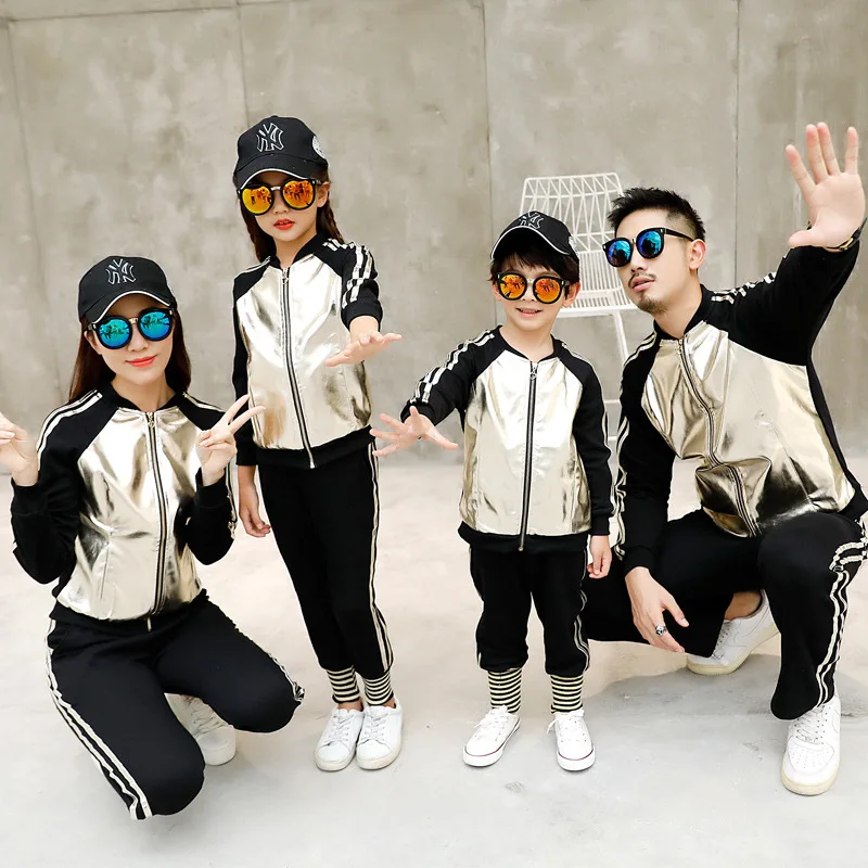

Family matching outfits PU jacket+pants sporty style set silver golden PU couples matching clothing family look christmas family