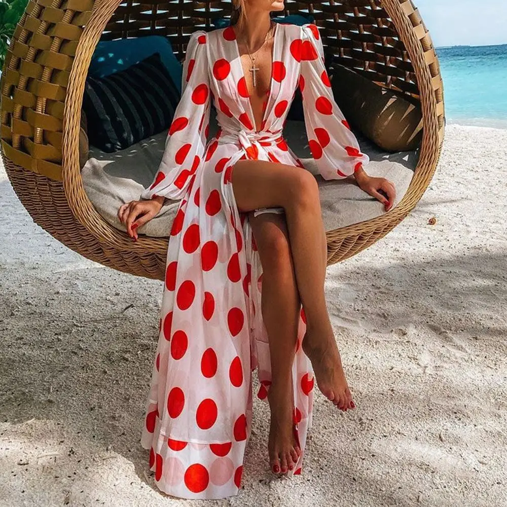 Платье женское длинное в горошек с глубоким V образным вырезом|Женские платья| |