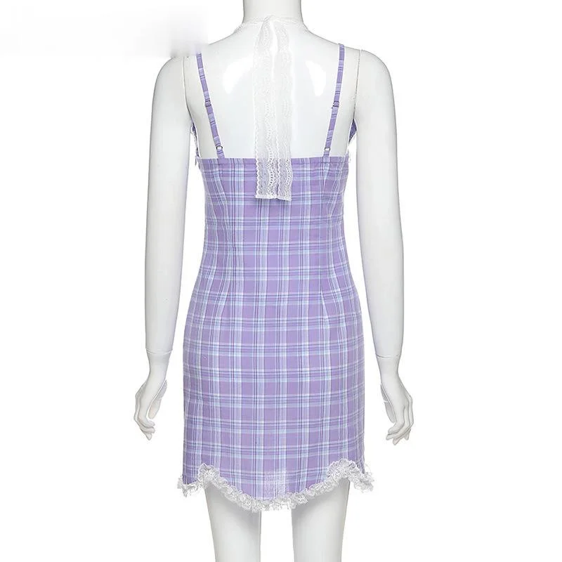 

E-girl Plaid Halter V-neck Lace Hem Mini Dress Y2K Fashion Sweet Spaghetti Strap Backless Summer Dress Streetwear Party