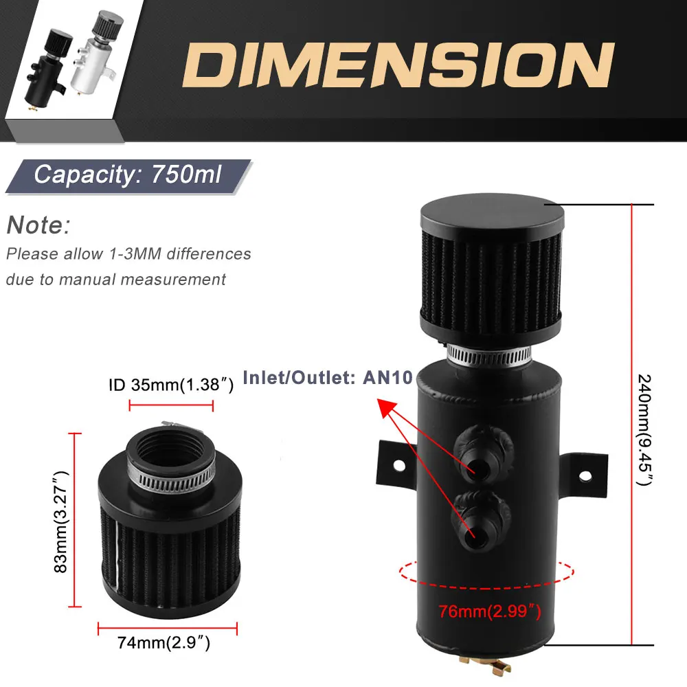 Oil Catch Can Tank with Breather Filter Aluminium 10 AN Round 0.75L Brushed Baffled Universal Separator bracket