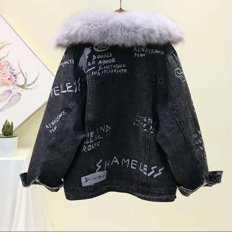 Зимняя женская куртка новинка 2019 свободная граффити натуральный мех воротник