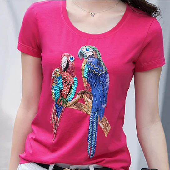 Фото Ручной отбортовывые алмазные Camisetas Mujer 2021 летняя футболка для женщин S отделкой Ручной отбортовывые алмазные Camisetas Mujer 2021 летняя футболка для женщин S отделкой