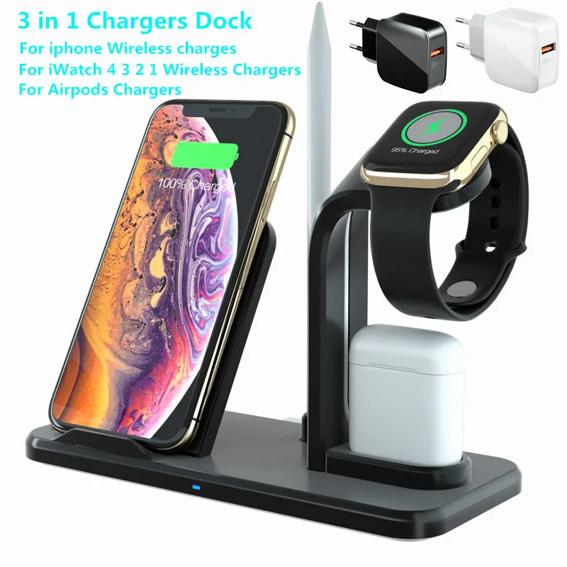 3 в 1 беспроводная зарядная подставка для Apple Watch 4 3 2 зарядная станция для iPhone XS XR X 8 samsung 10W быстрая Беспроводная зарядная панель