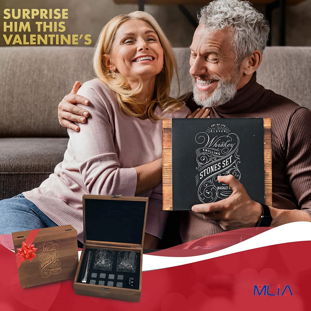 Набор камней для виски MLIA Подарочная коробка из 8 гранитных камни 2 стакана в
