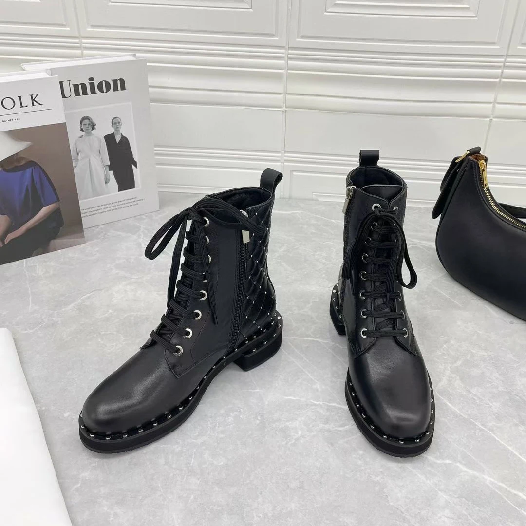

Prowow New Genuine Leather Metal Studded Designer Ankle Boots Round Toe Lace Up Motocycle Boots Shoes Women