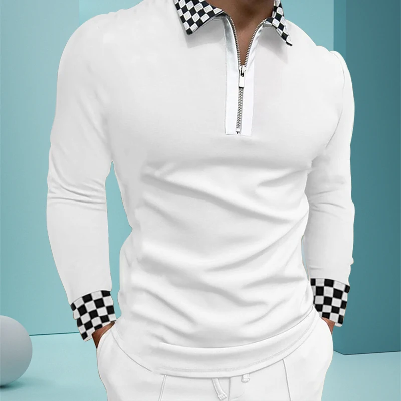 

Men Polo Shirts Spring Autumn Business Casual Tops 2021 New Long Sleeve Cotton Plaid Striated Polos Fashion Men's Clothing White