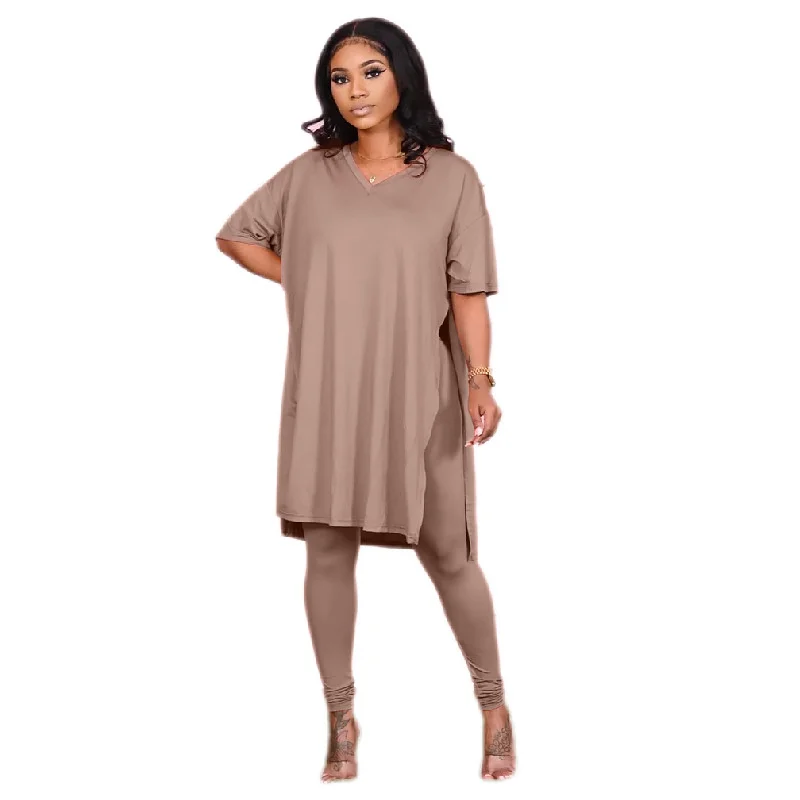 

Spring Autumn Tracksuit Women Two Piece Set Solid V-Neck Irregular Split Long Top + Pants Suit S-5XL Plus Size Casual 2 Pcs Sets