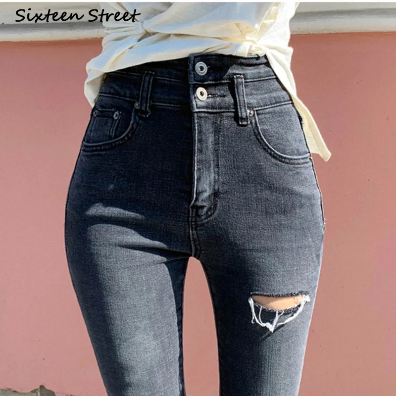 

Ripped Jeans for Women Korean Clothes New Black Gray Button Jean Slim Femme FemalePants with High Waist Aesthetic Y2K Denim 2020