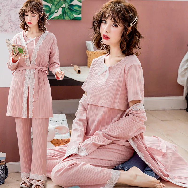 Розовый 3 шт./компл., хлопковые пижамы для кормящих мам, костюмы для кормления грудью, халат для беременных женщин, одежда для кормления, одежда для сна, комплект домашней одежды - Цвет: Розовый