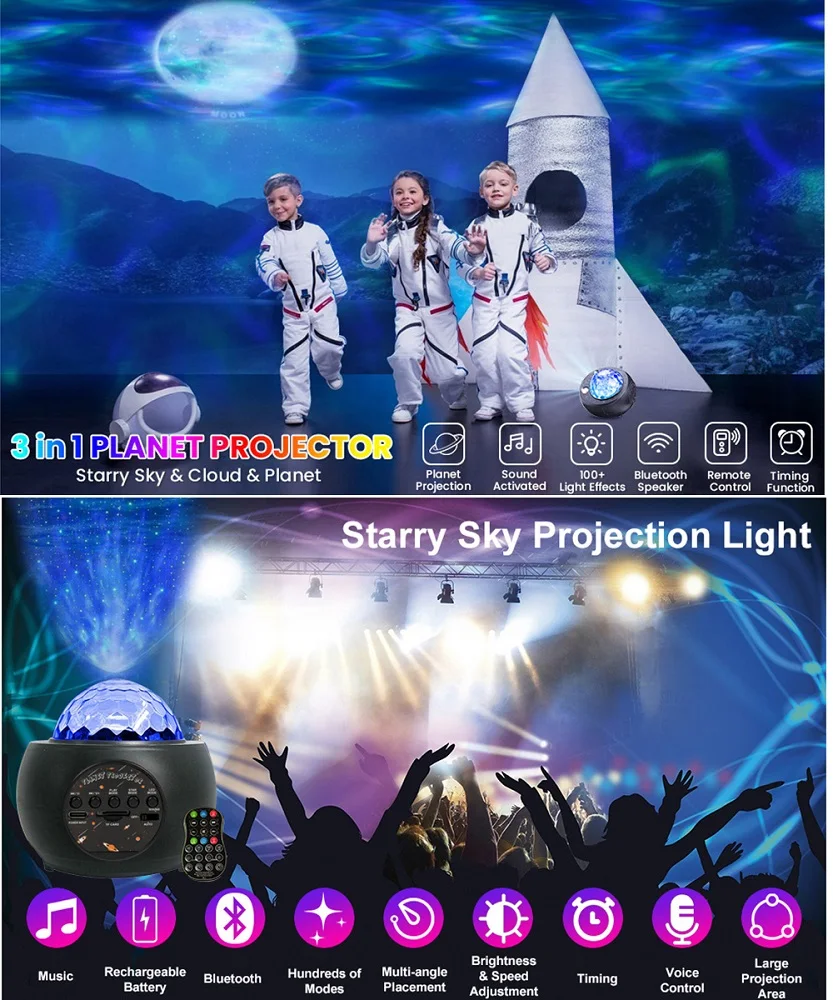 Светодиодный проектор с 9 планетами и Галактикой ночник Луной океанскими волнами