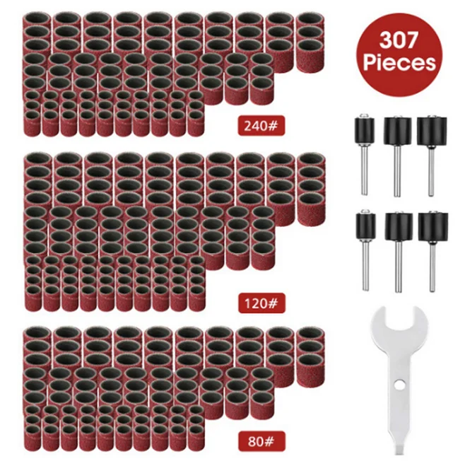 

307 шт., набор шлифовальных барабанов, 300 шт., шлифовальные ленты (80 #/120 #/240 #) + 6 шт.