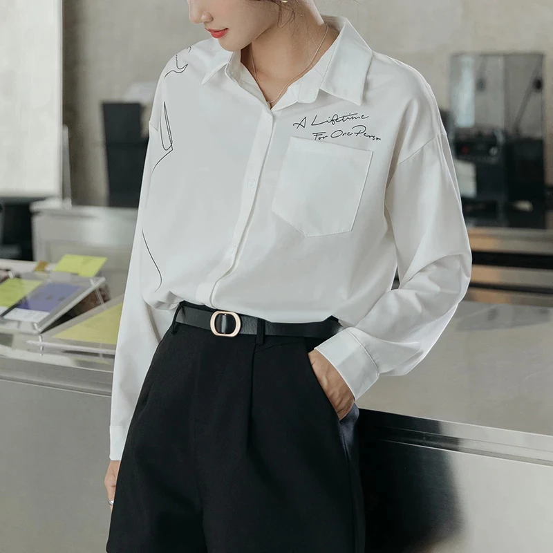 

Fashion Woman Blouses 2021 Vintage Print Chiffon Shirt Women's Oversize Shirt Plus Size Buttons Up Full Length White Top