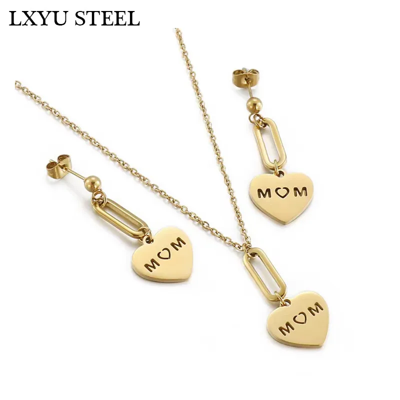 

Stainless Steel Mother Necklace Earrings Set for Women Heart MOM Jewelry Set Clavicle Chain Jewelry for Mother's Day Gift